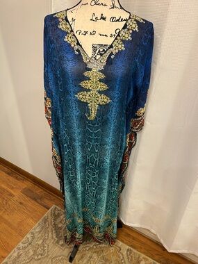 Rare Jeweled Reptile print Blue-Green Jeweled Kaftan Dress Exquisite S/M